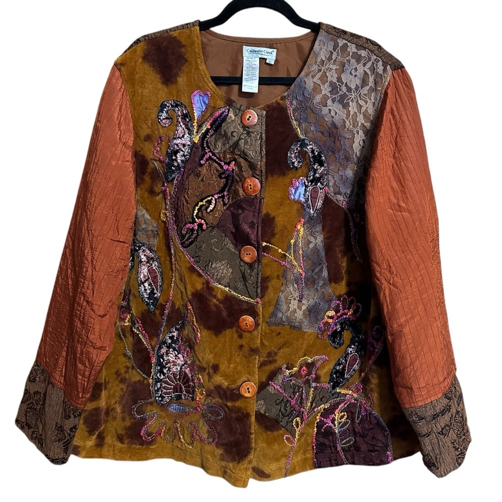 Coldwater Creek Artsy Patchwork Unique Embroidered Floral Paisley Button Jacket